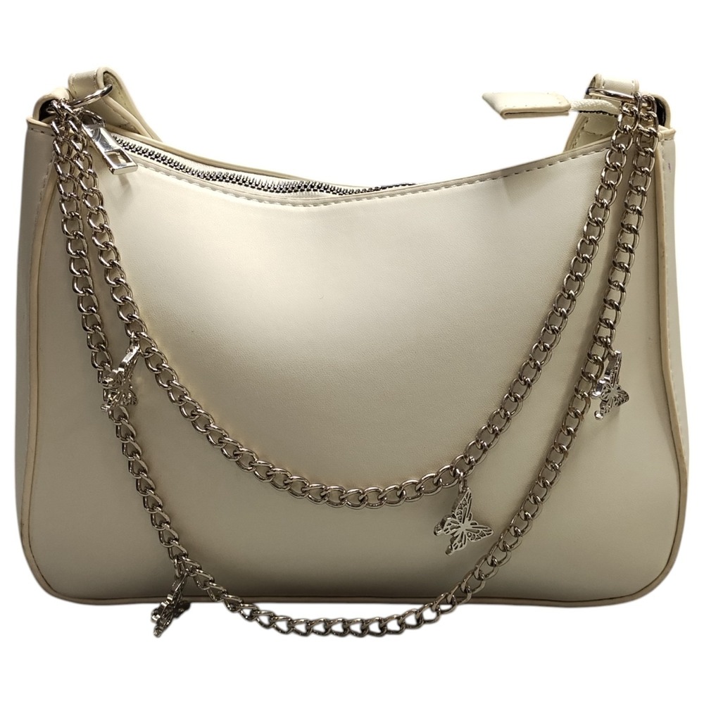 Womens Shoulder‎ Bag White Leather Butterfly Chain Zip Closure Travel Handbag